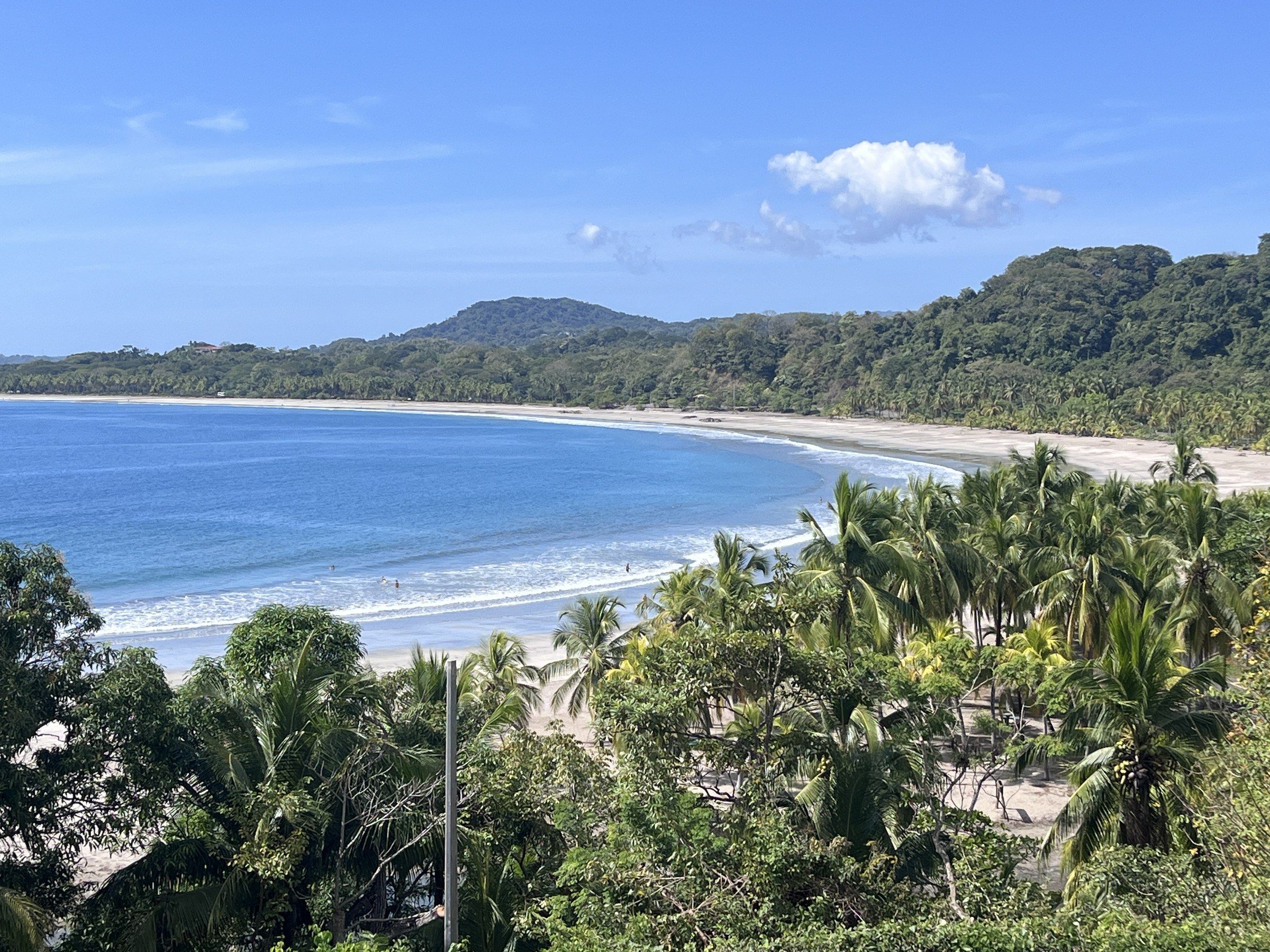Vista aérea de una bahía con palmeras en Costa Rica