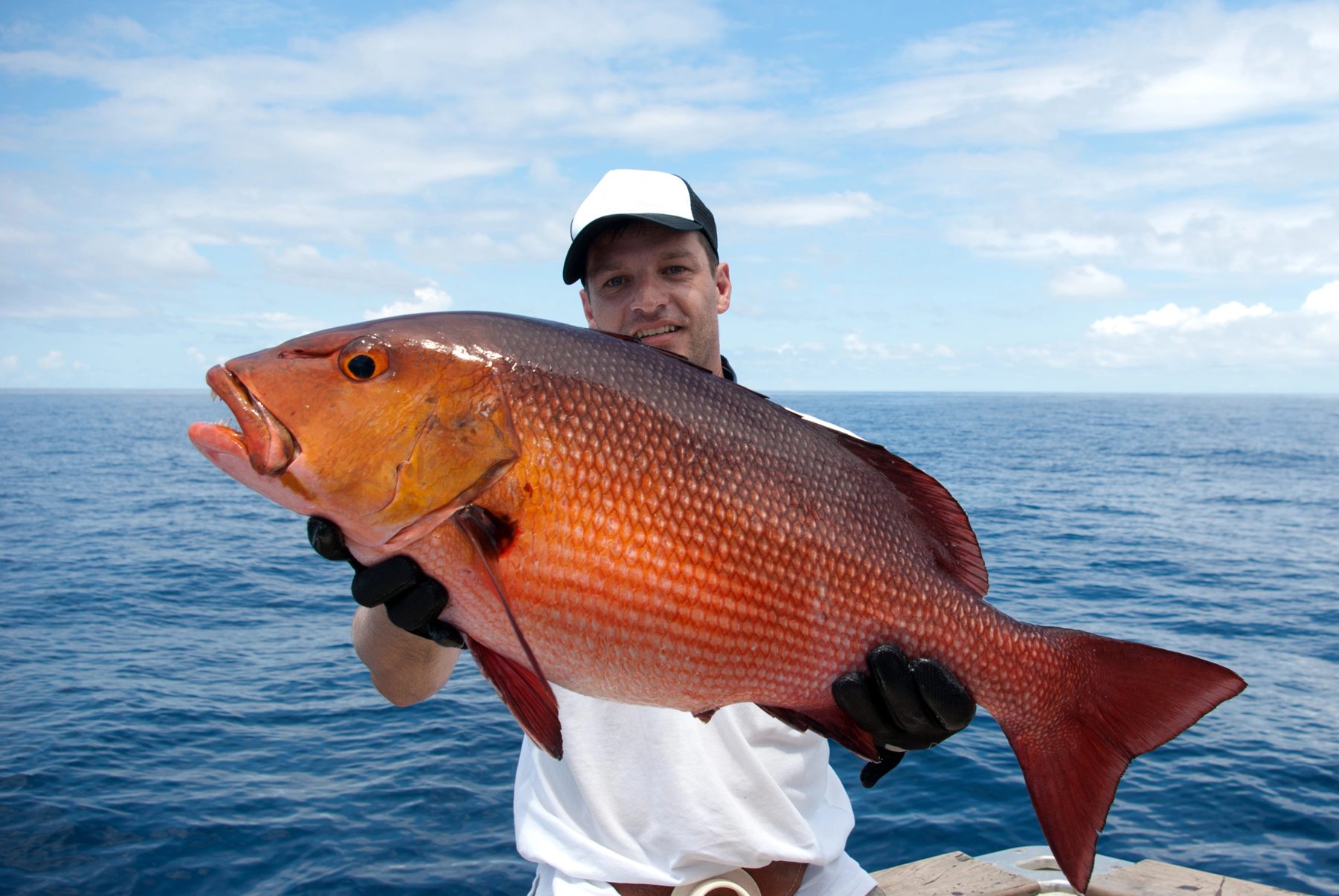 Angler holding a red snapper on a fishing boat, Costa Rica