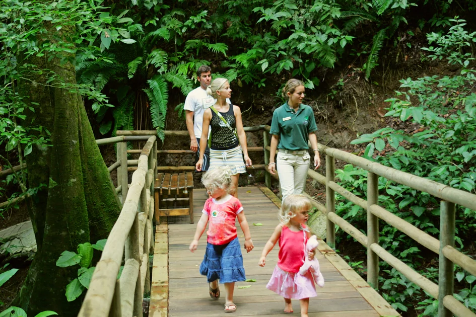 Familia con dos ninas y guia naturalista en un puente colgante en la selva de Costa Rica