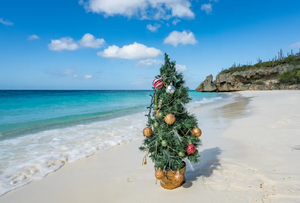 Ein kleiner geschmückter Weihnachtsbaum an einem weißen tropischen Sandstrand neben türkisfarbenem Wasser