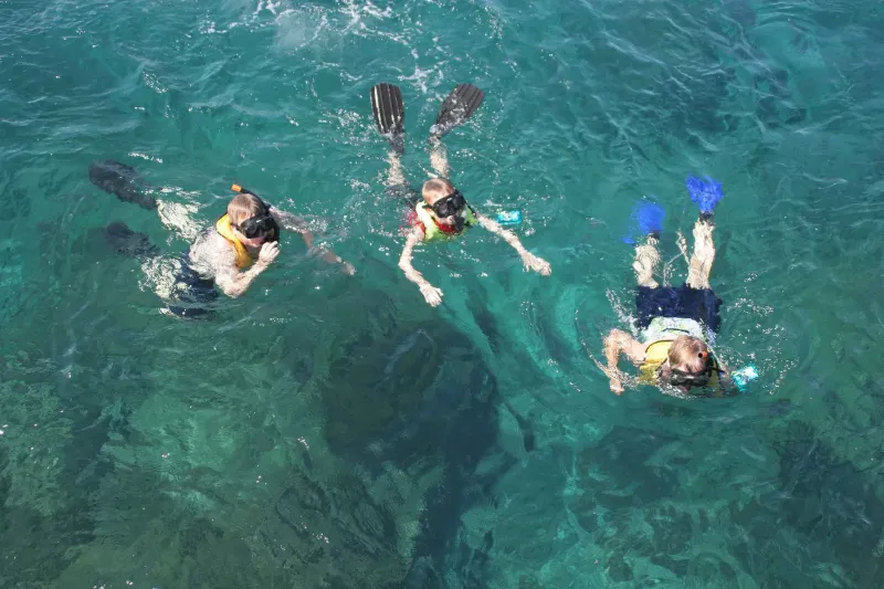 Persone che fanno snorkeling e subacquei in acque limpide, Costa Rica